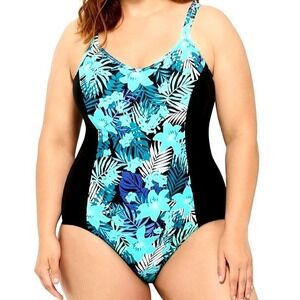 Christina Blue Floral Colorblock V-Neck Plus Swimsuit Womens 22WD NWT